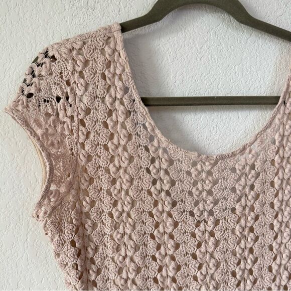 Free People Crochet Lace Bodycon Mini Dress M Scoop Neck Beige Y2K Boho Hippie - Picture 5 of 5